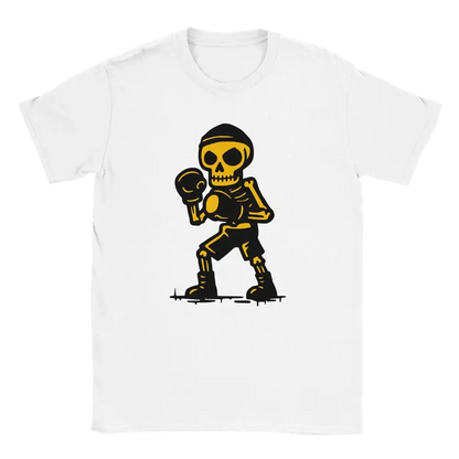 Valkoinen crew-neck T-paita cartoon-skeleton boxeri grafiikalla Nyrkkeilijä-tuotenimellä