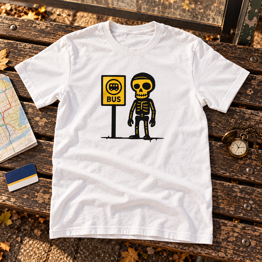 Themed flat-lay photograph of Odottaja - T-paita with accessories related to its printed design.