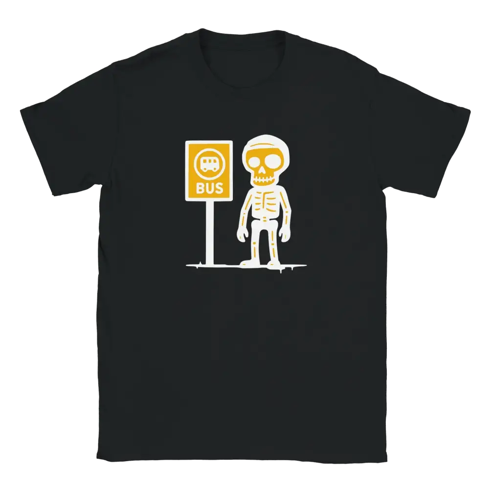 Musta T-paita Skeleton Odottaja - T-paita pysäkillä odottava luuranko kuva