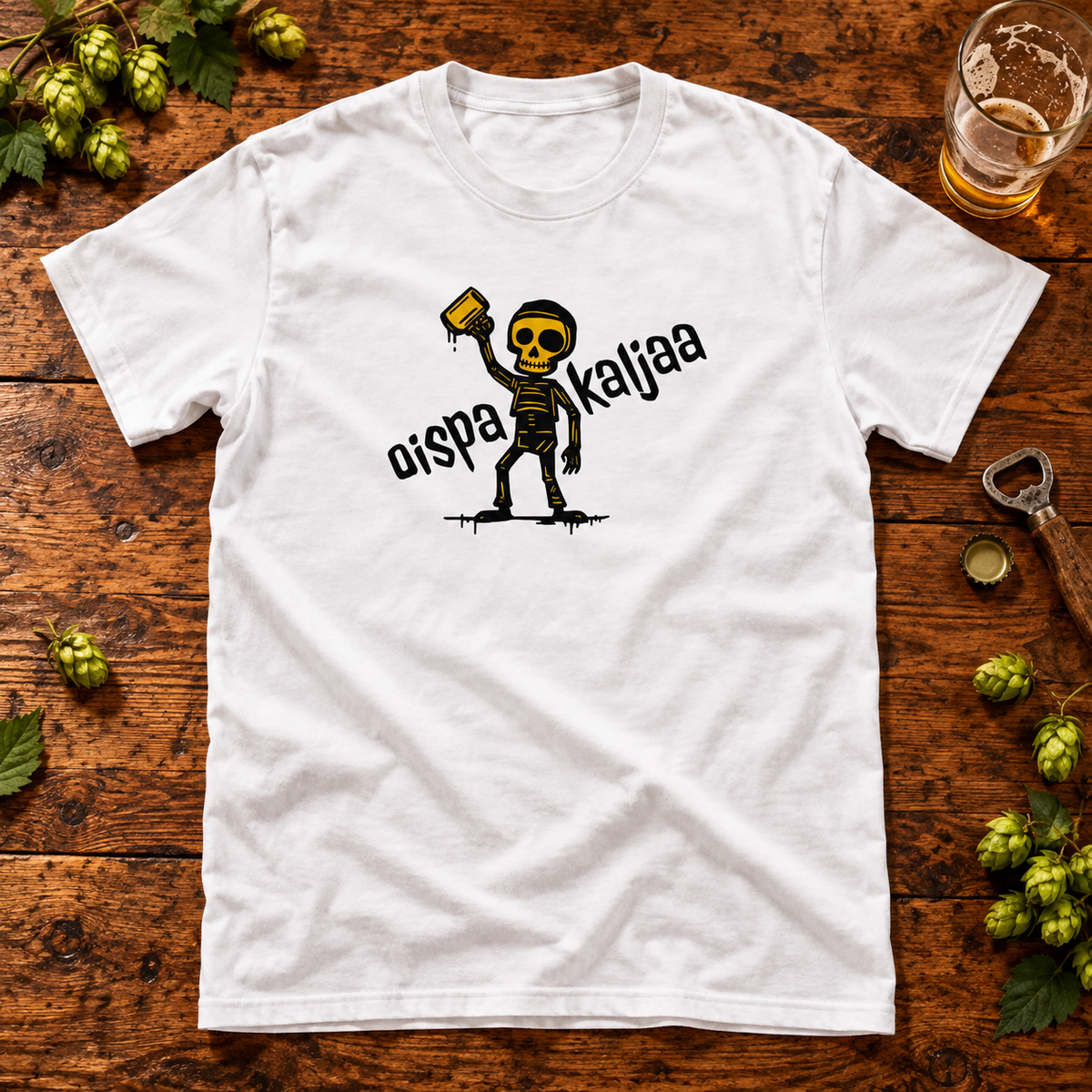 White Oispa Kaljaa skeleton T-shirt with hops, beer glass and bottle opener.