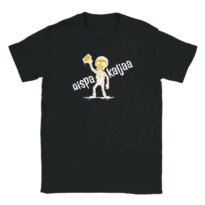 Black T-shirt featuring a skeleton holding a beer mug beside the Finnish words Oispa kaljaa.