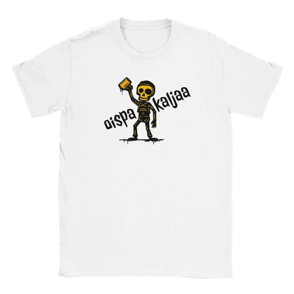 White T-shirt featuring a skeleton holding a beer mug beside the Finnish words Oispa kaljaa.