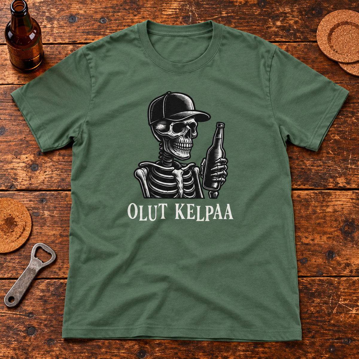Themed flat-lay photograph of Olut Kelpaa - T-paita with accessories related to its printed design.