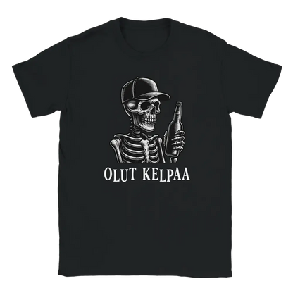 Black T-shirt featuring a skull wearing a cap and holding a bottle beside the Finnish words Olut kelpaa.