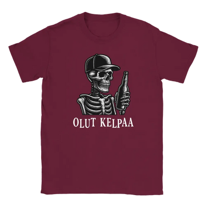 Maroon T-shirt featuring a skull wearing a cap and holding a bottle beside the Finnish words Olut kelpaa.