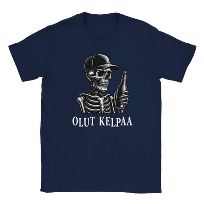 Navy blue T-shirt featuring a skull wearing a cap and holding a bottle beside the Finnish words Olut kelpaa.