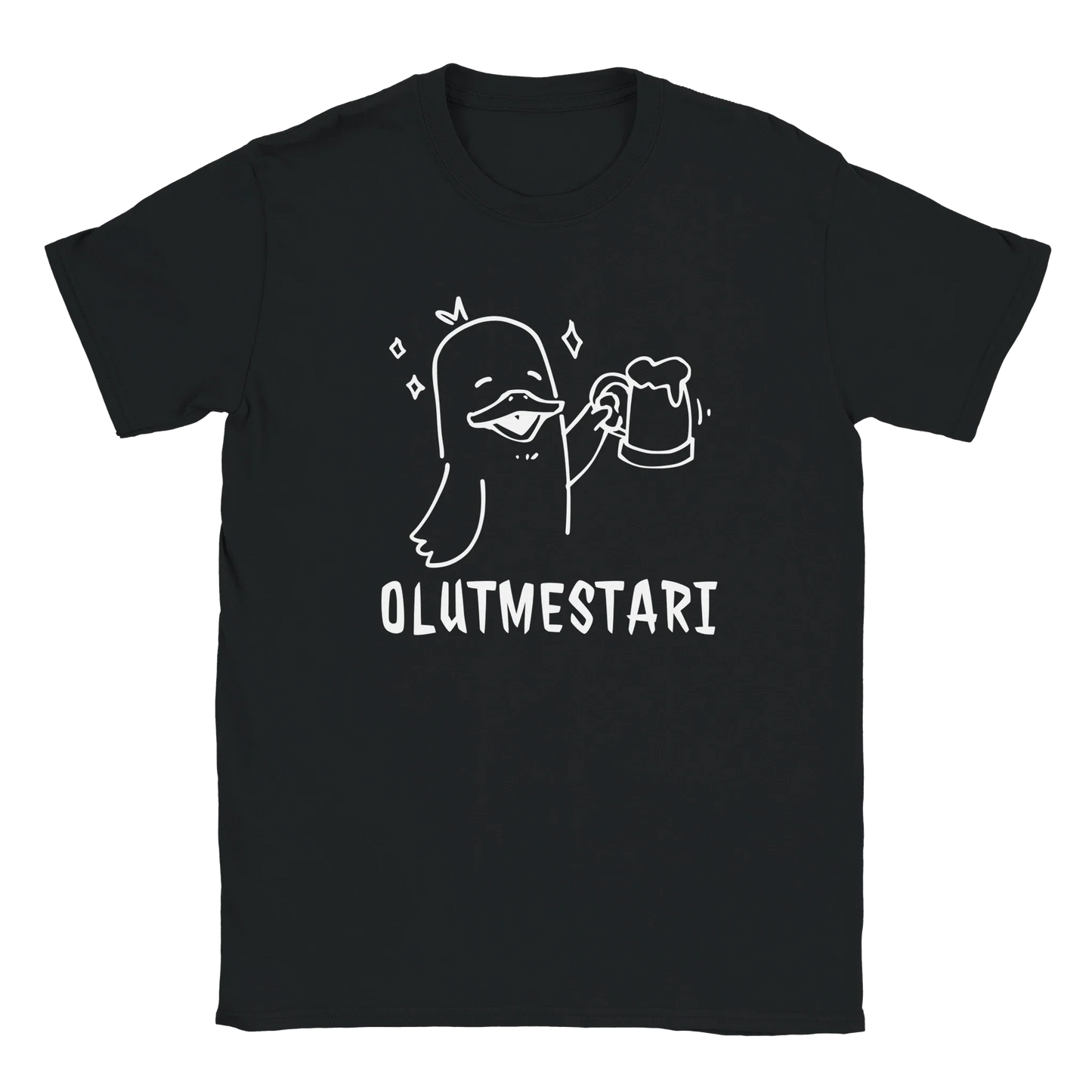Musta T-paita valkoinen ankka ja olutmuki, teksti OLUTMESTARI, Olutmestari T-paita