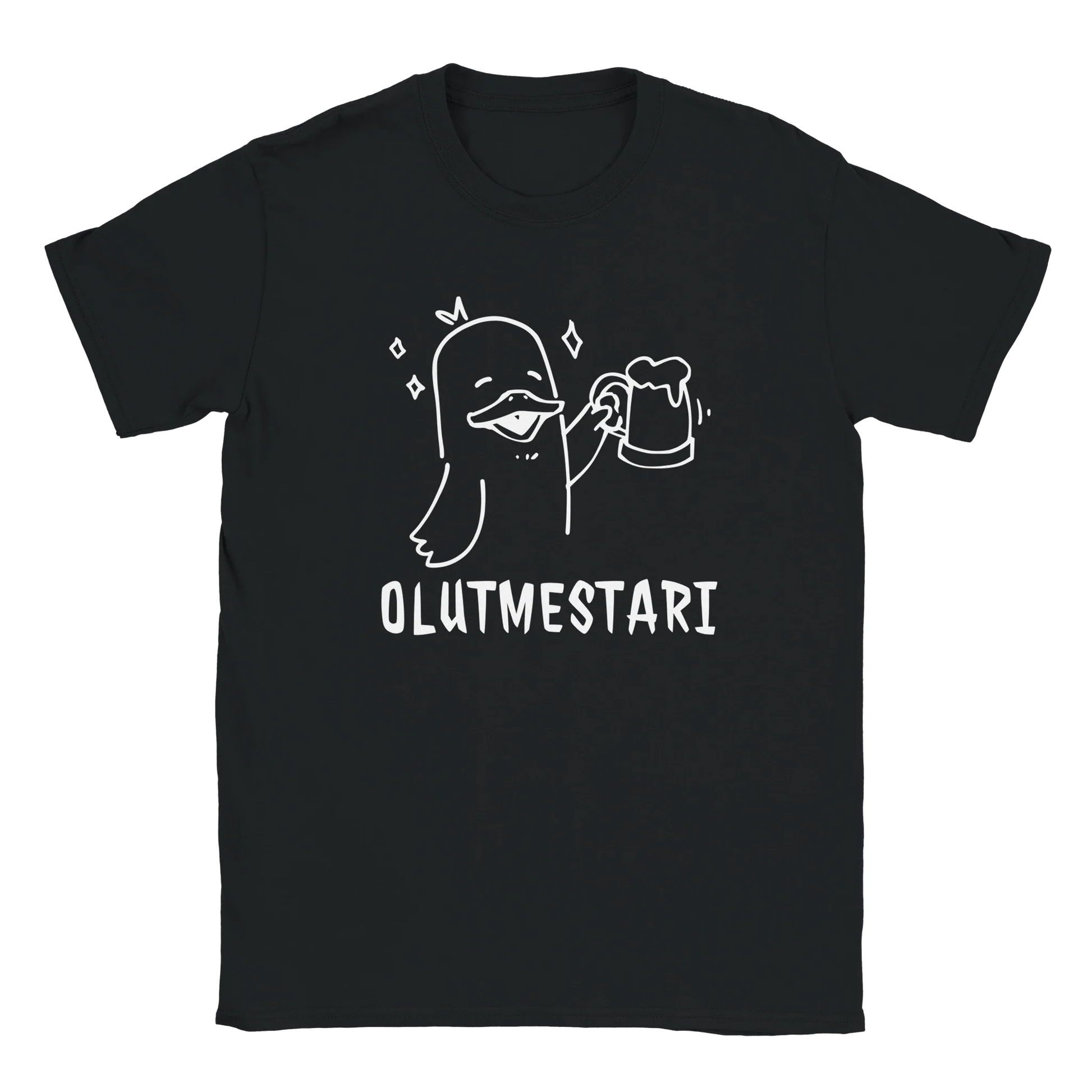 Musta T-paita valkoinen ankka ja olutmuki, teksti OLUTMESTARI, Olutmestari T-paita