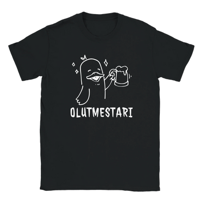Musta T-paita valkoinen ankka ja olutmuki, teksti OLUTMESTARI, Olutmestari T-paita