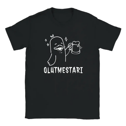 Musta T-paita valkoinen ankka ja olutmuki, teksti OLUTMESTARI, Olutmestari T-paita