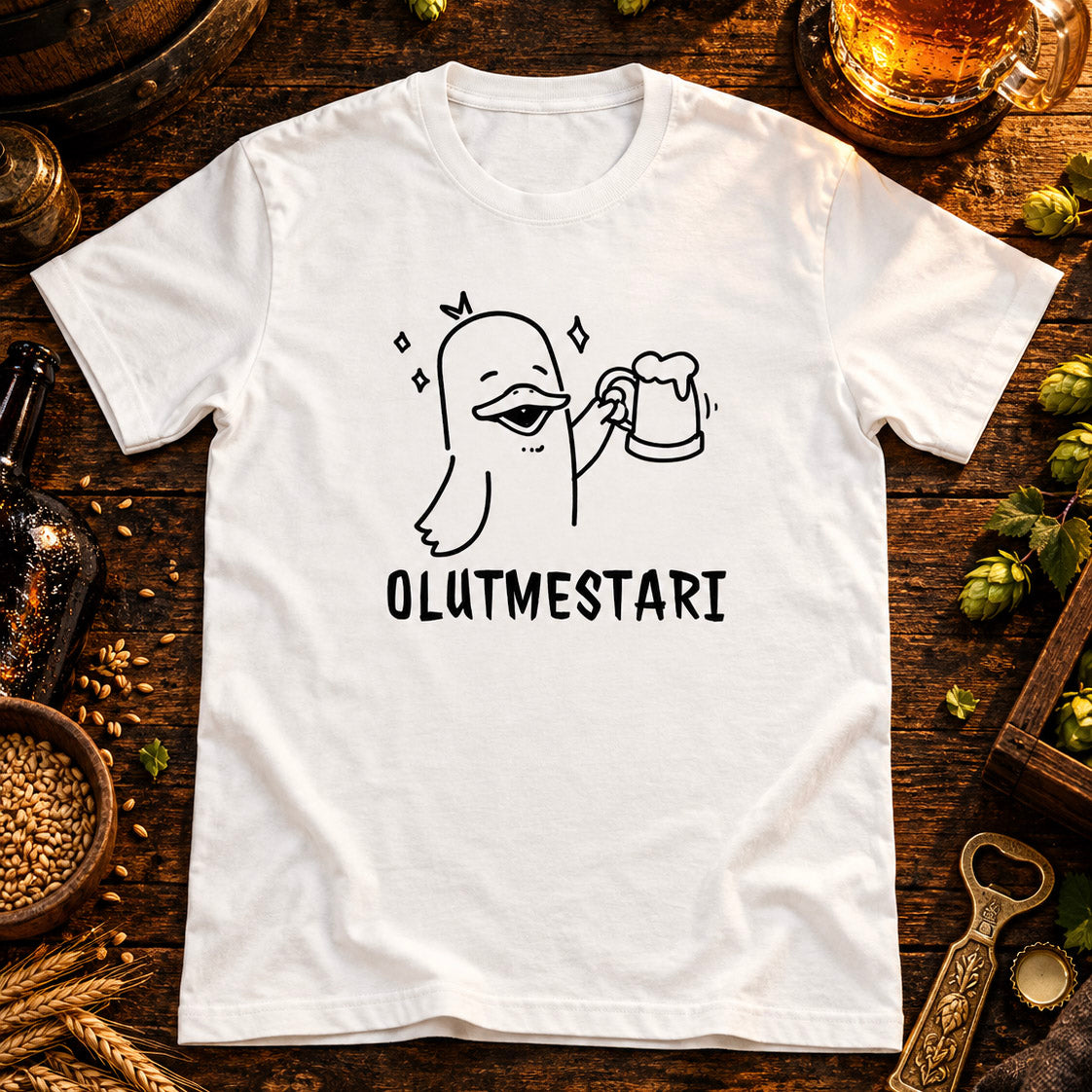 T-shirt featuring a duck raising a beer mug beside the Finnish word OLUTMESTARI.