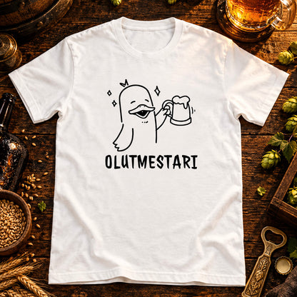 T-shirt featuring a duck raising a beer mug beside the Finnish word OLUTMESTARI.
