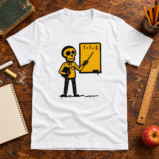 White Opettaja skeleton teacher T-shirt on a desk with chalk, pencils and a school notebook.