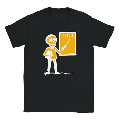 Musta T-paita Skeleton Teacher -designilla Opettaja -T-paita tuotekuvassa
