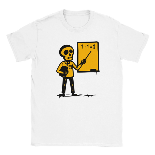 Opettaja T-paita valkoinen crew-neck t-paita jossa sarjakuvamainen luokkahuoneen luuranko design