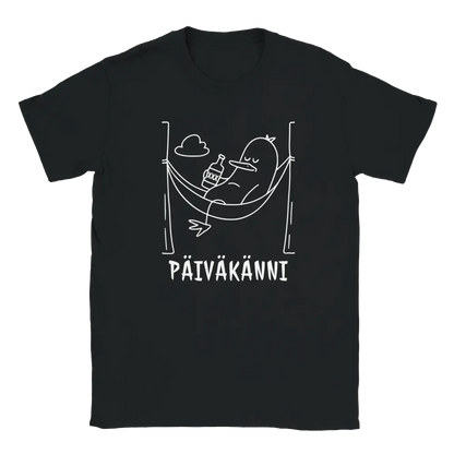 Black T-shirt featuring a duck holding a bottle in a hammock beside the Finnish word P�IV�K�NNI.
