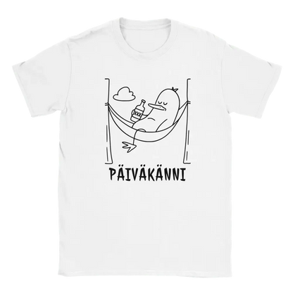White T-shirt featuring a duck holding a bottle in a hammock beside the Finnish word P�IV�K�NNI.