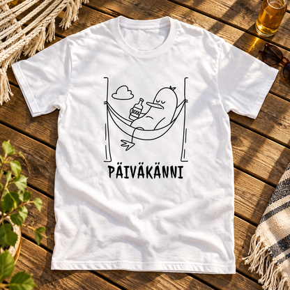 Themed flat-lay photograph of "Päikkärit" Riippumatossa - T-paita with accessories related to its printed design.