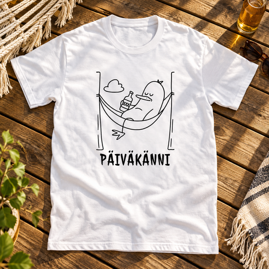 Themed flat-lay photograph of "Päikkärit" Riippumatossa - T-paita with accessories related to its printed design.