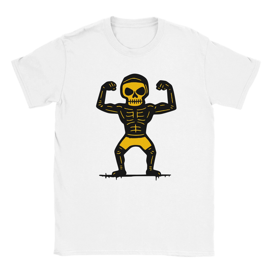 Painija T-paita valkoinen crew neck t-paita jossa flexaava luuranko grafiikka