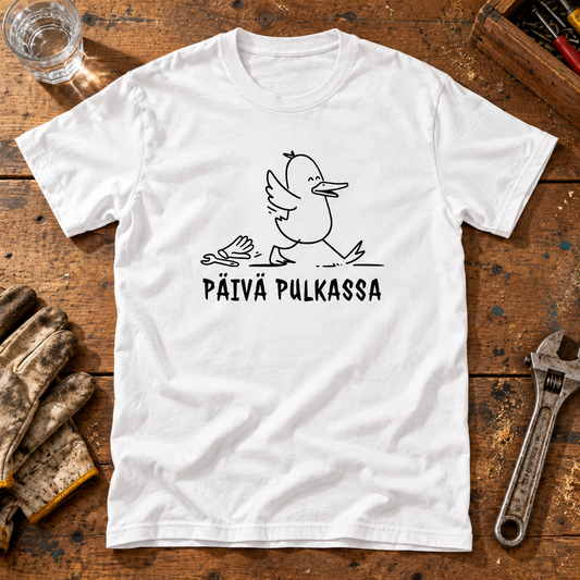 Themed flat-lay photograph of Päivä pulkassa - T-paita with accessories related to its printed design.