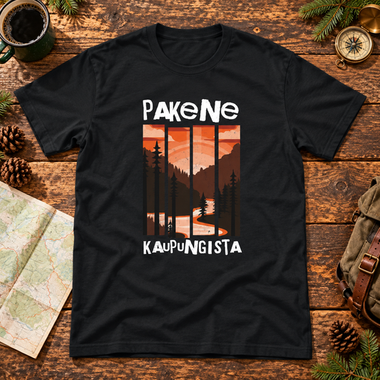 Themed flat-lay photograph of Pakene Kaupungista - T-paita with accessories related to its printed design.