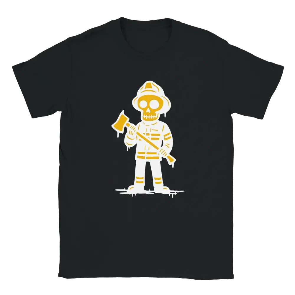 Mustapaita Palomies - T-paita, keltainen ja valkoinen sarjakuvamainen luurankofireman ja kirves