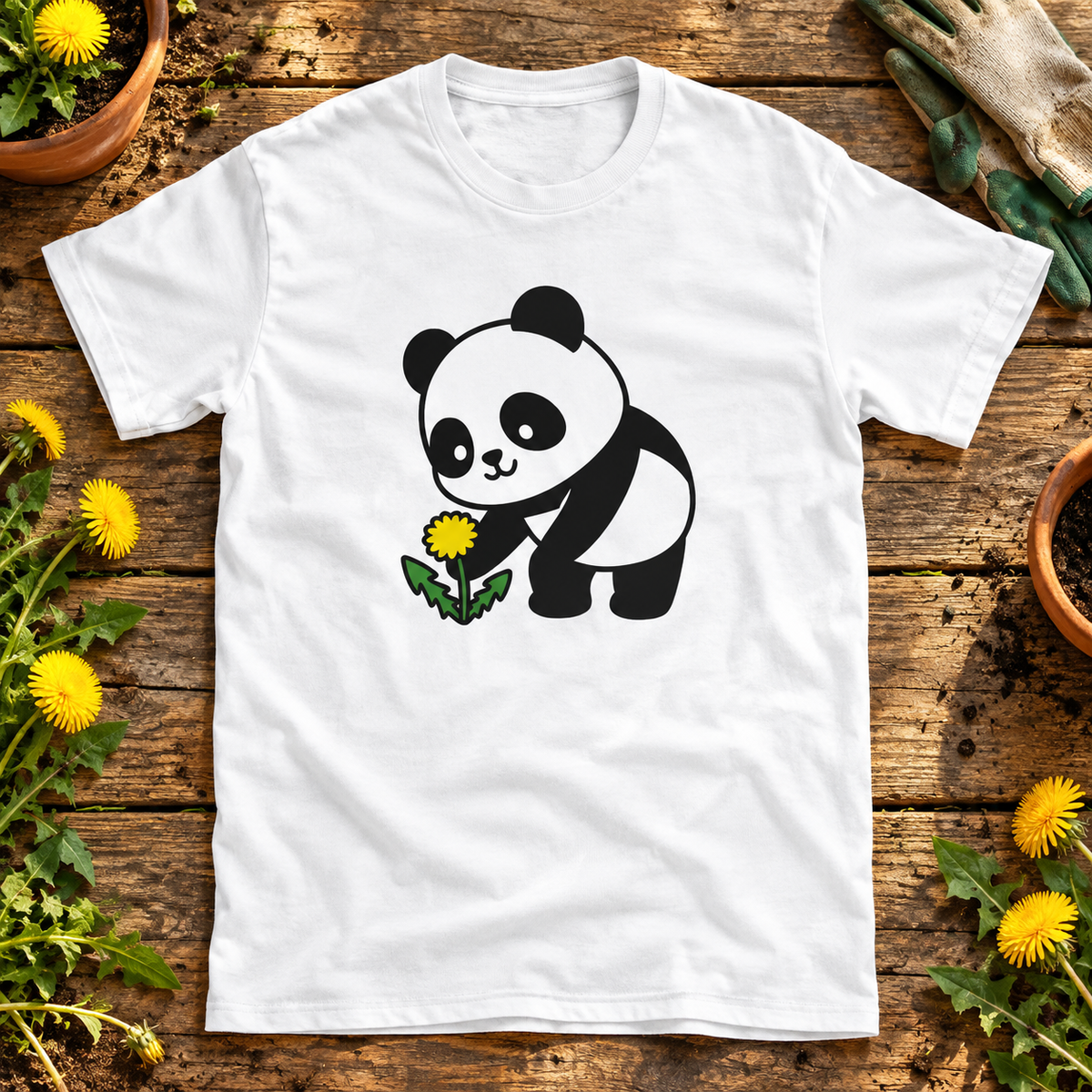 T-paita, jonka printissä panda kumartuu keltaisen voikukan puoleen.