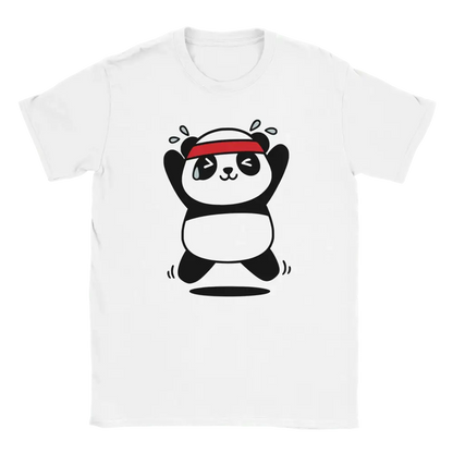 T-paita, jonka printissä jumppaava panda punaisessa otsanauhassa.