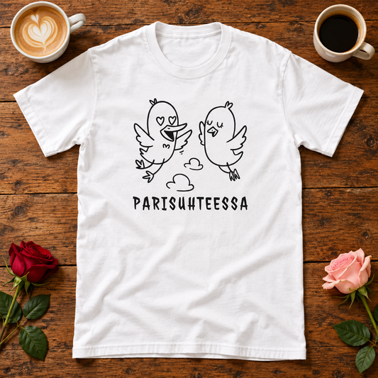 Valkoinen t-paita, jonka printissä kaksi lentävää ankkaa erilaisilla ilmeillä ja PARISUHTEESSA-teksti. Printin aiheeseen liittyvä tuotekuva ja rekvisiitta.