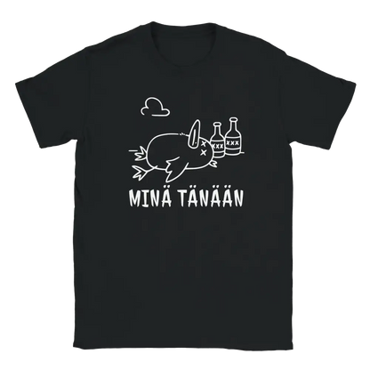 Musta t-paita, jonka printissä maassa makaava ankka, pulloja ja MINÄ TÄNÄÄN -teksti.