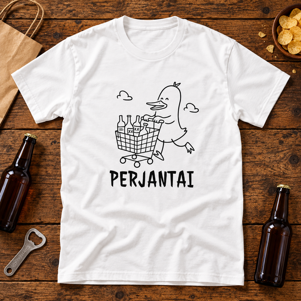 Themed flat-lay photograph of Perjantai - T-paita with accessories related to its printed design.