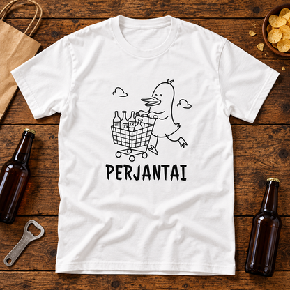 Themed flat-lay photograph of Perjantai - T-paita with accessories related to its printed design.