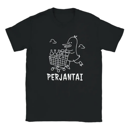 Black T-shirt featuring a duck pushing a trolley full of bottles beside the Finnish word PERJANTAI.