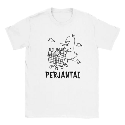 White T-shirt featuring a duck pushing a trolley full of bottles beside the Finnish word PERJANTAI.