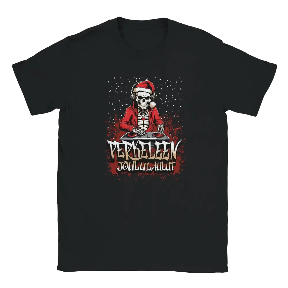 Black T-shirt featuring a skeleton dressed as Santa behind a DJ desk.