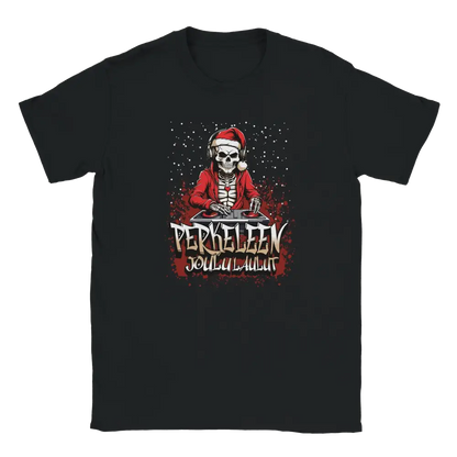 Black T-shirt featuring a skeleton dressed as Santa behind a DJ desk.