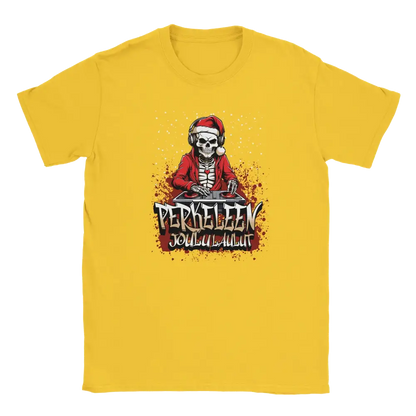Yellow T-shirt featuring a skeleton dressed as Santa behind a DJ desk.