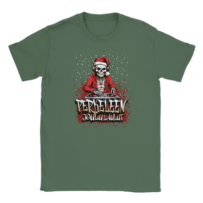 Green T-shirt featuring a skeleton dressed as Santa behind a DJ desk.