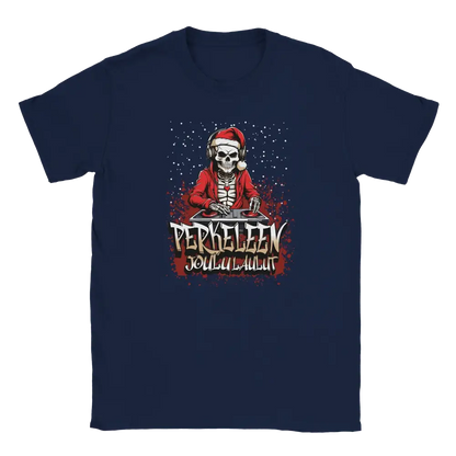 Navy blue T-shirt featuring a skeleton dressed as Santa behind a DJ desk.