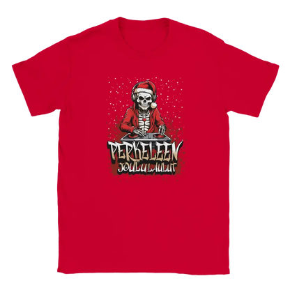 Red T-shirt featuring a skeleton dressed as Santa behind a DJ desk.