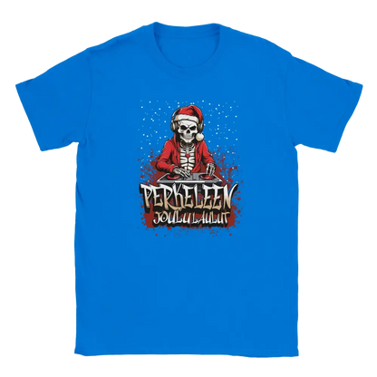 Blue T-shirt featuring a skeleton dressed as Santa behind a DJ desk.