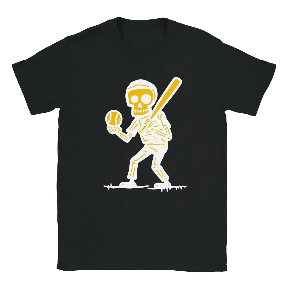 Mustavalkoinen T-paita Skeleton Baseball Player -grafiikalla Pesäpalloilija-tuote