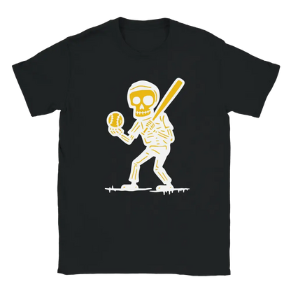 Mustavalkoinen T-paita Skeleton Baseball Player -grafiikalla Pesäpalloilija-tuote