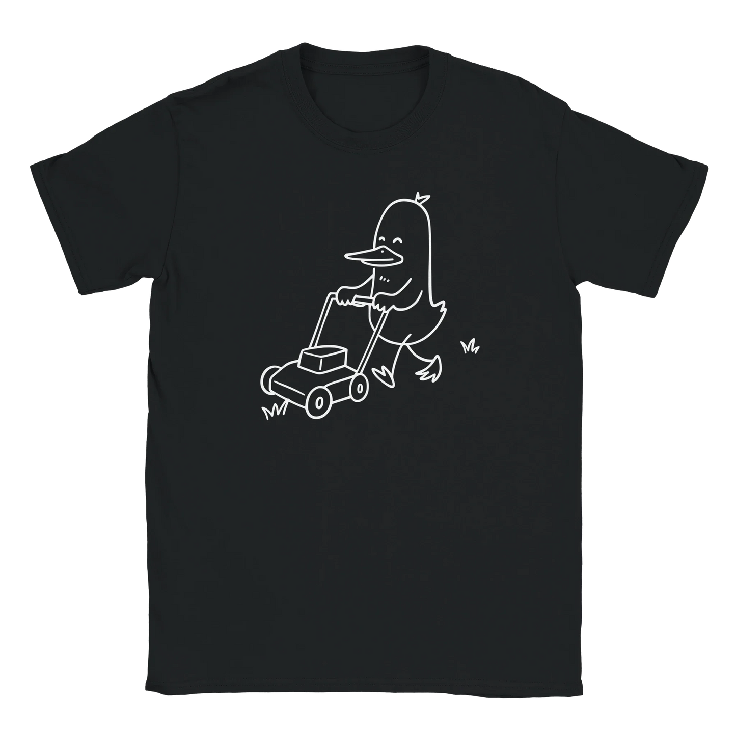 Pihan Valtias T-paita musta crew-neck t-paita, valkoinen hanhipiirros ruohonleikkurilla