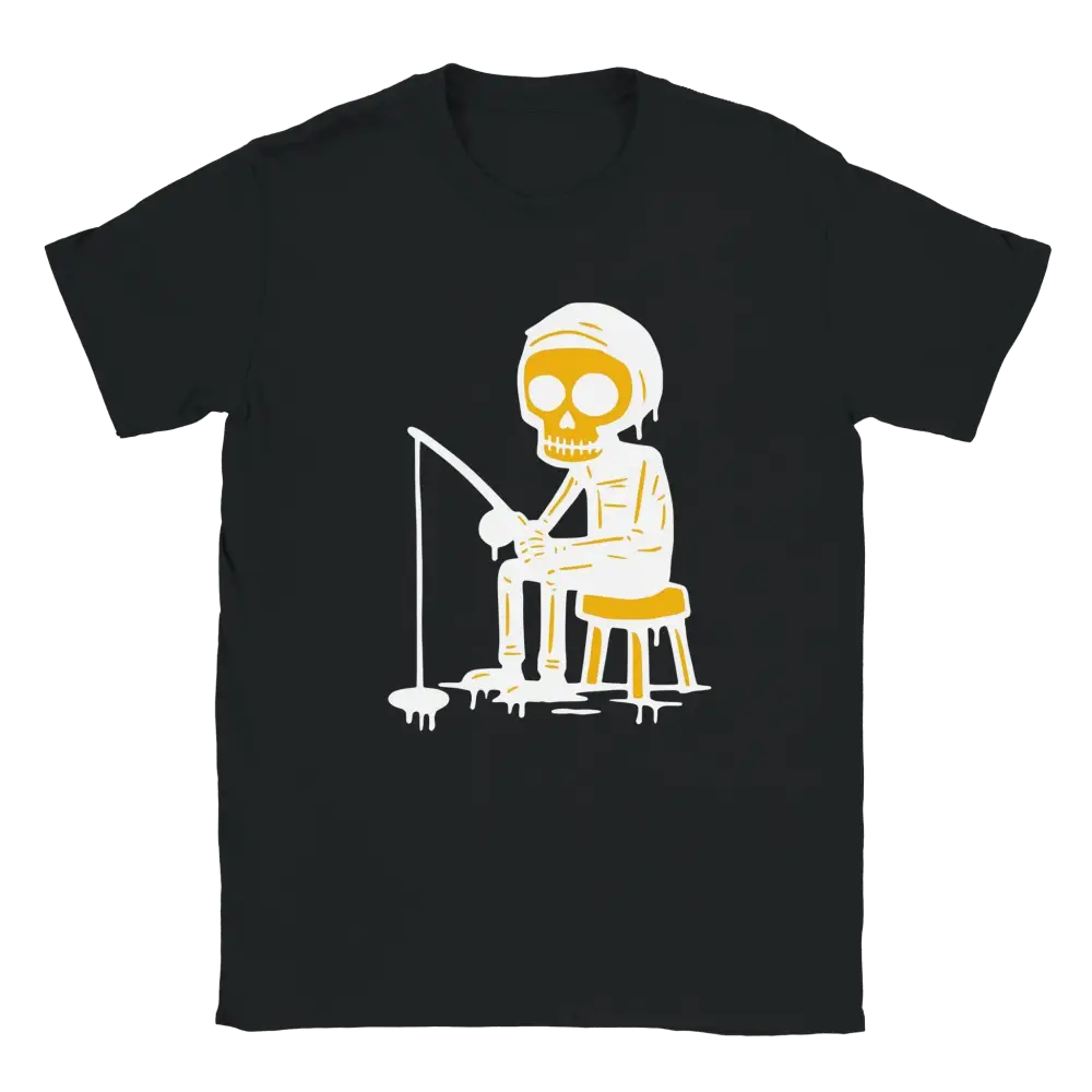 Pilkillä T-paita musta lyhythihainen t-paita luurankokuvalla ja kalastusteemalla