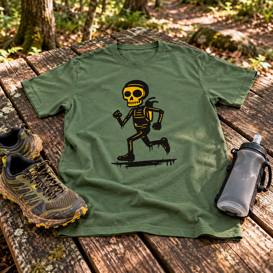 Themed flat-lay photograph of Polkujuoksija - T-paita with accessories related to its printed design.