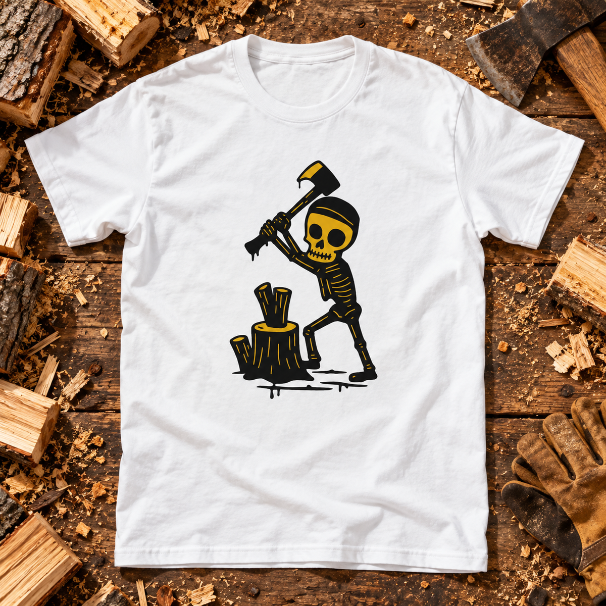 White Polttopuut skeleton chopping wood T-shirt on a rustic workbench with logs, wood chips, gloves and an axe.