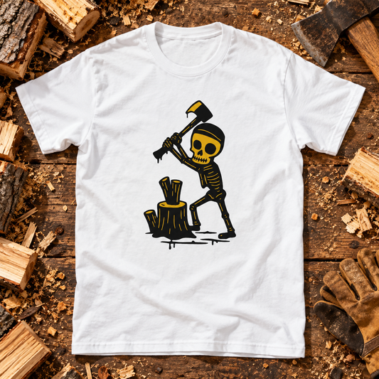 White Polttopuut skeleton chopping wood T-shirt on a rustic workbench with logs, wood chips, gloves and an axe.