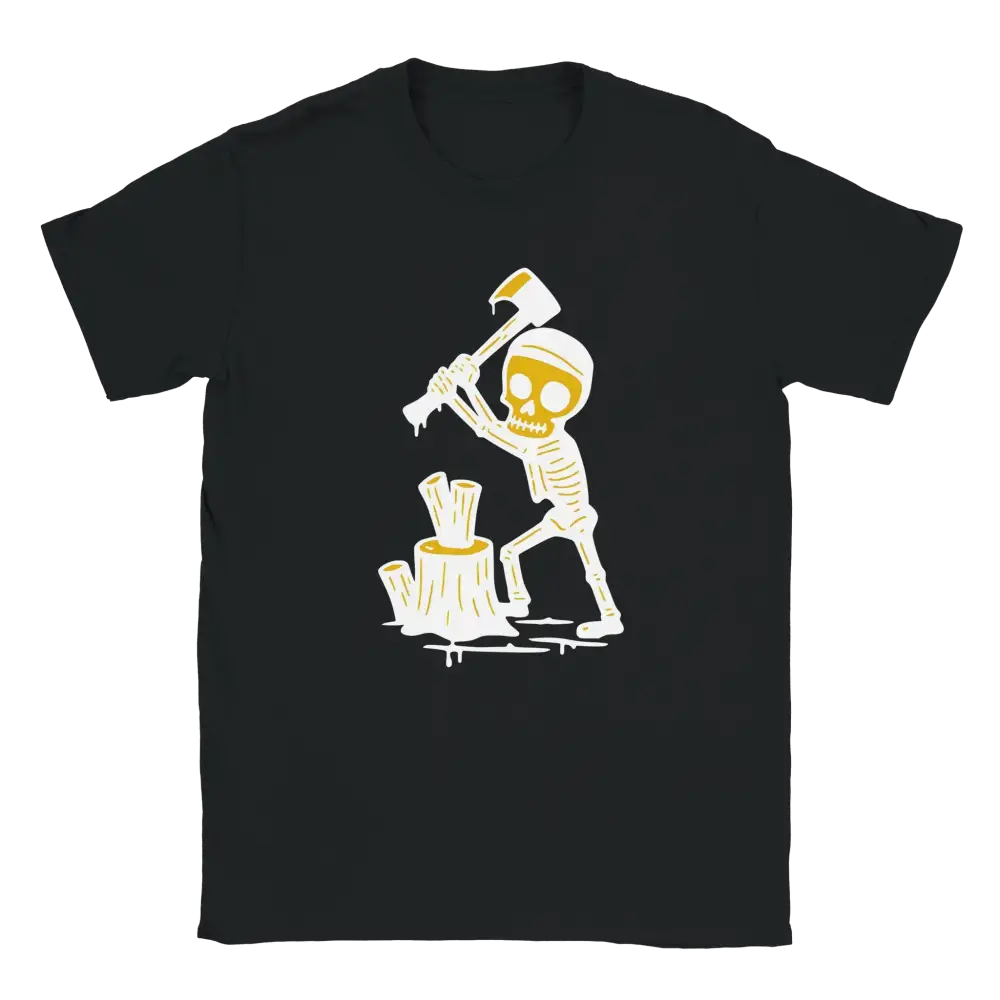 Mustavalkoinen Polttopuut T-paita skeletonilla ja hakkuukuvalla